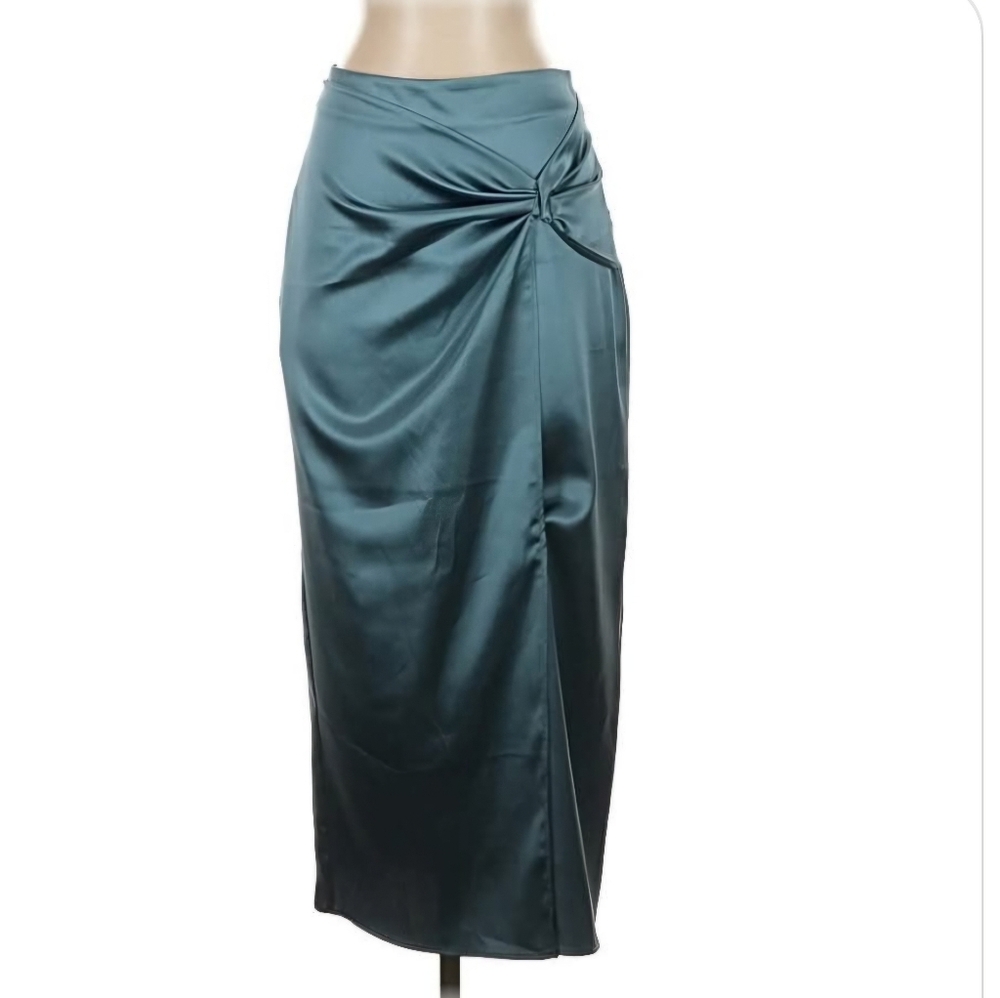 ZARA Teal Satin Skirt - Side Knot Detail